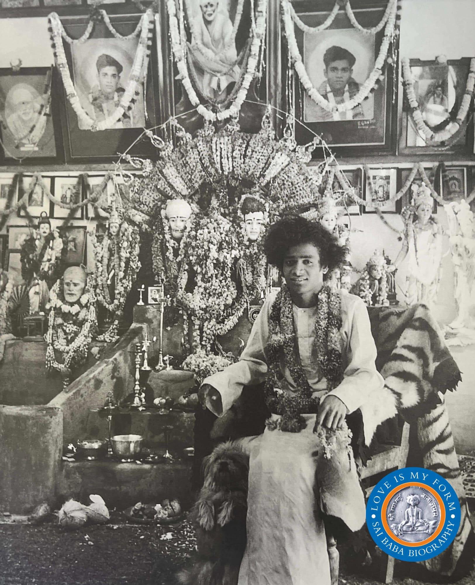 Baba in the shrine at Puttaparthi Mandir. Photo from Love Is My Form: The Advent Book by R. Padmanaban
